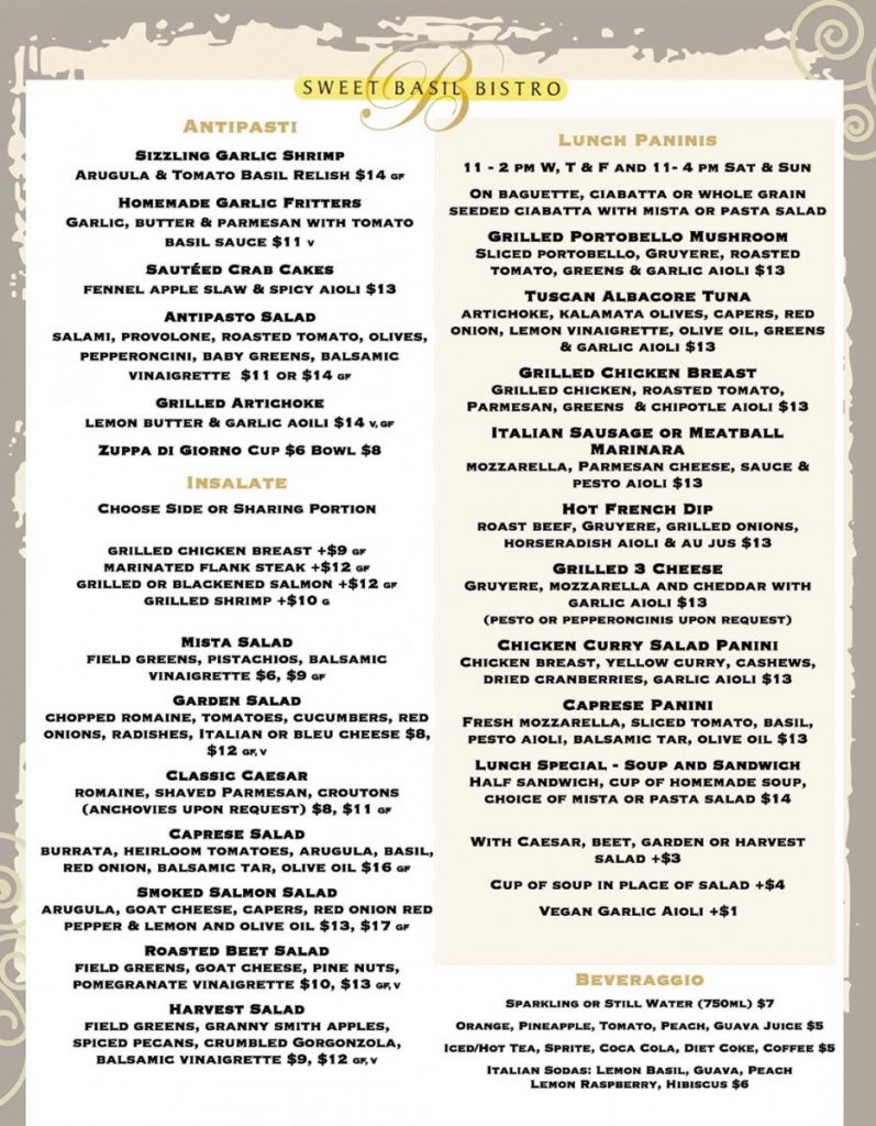 Lunch Dinner Menu Sweet Basil Bistro