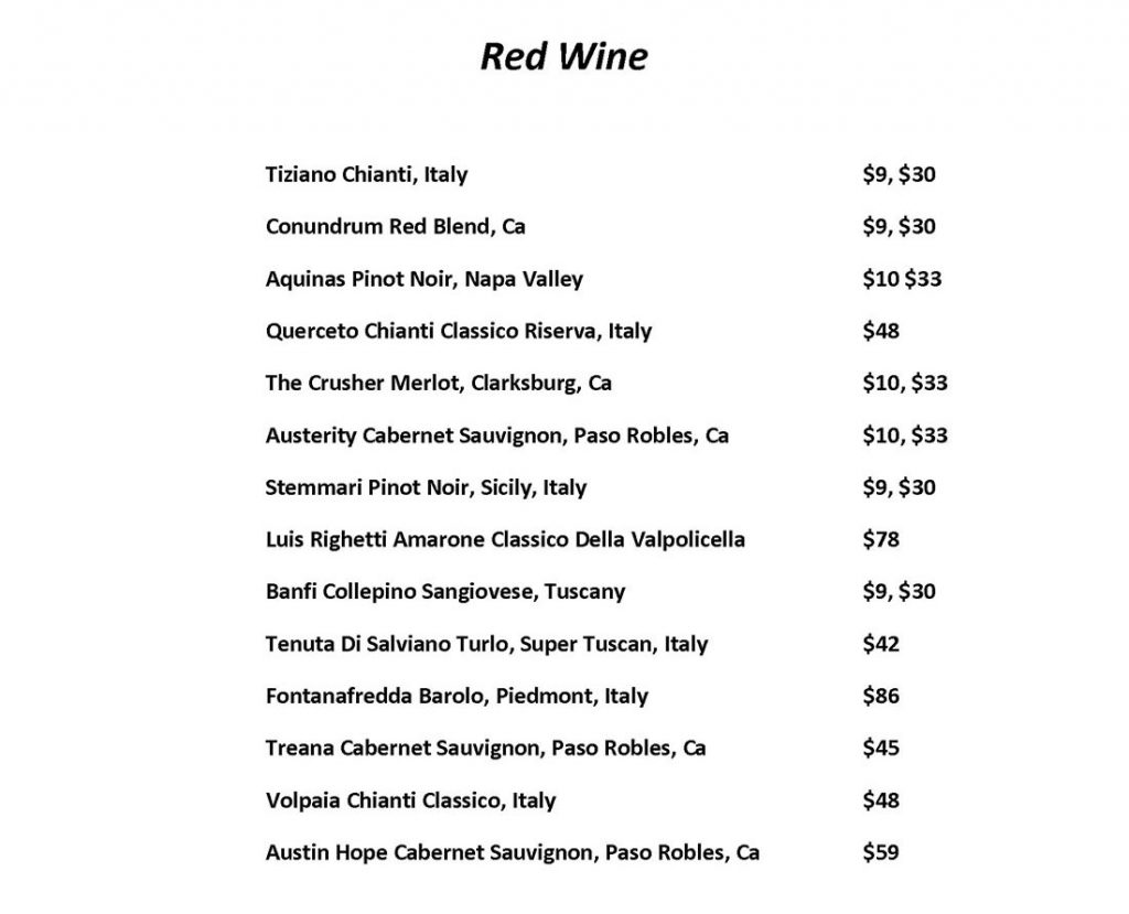 Wine Menu Sweet Basil Bistro
