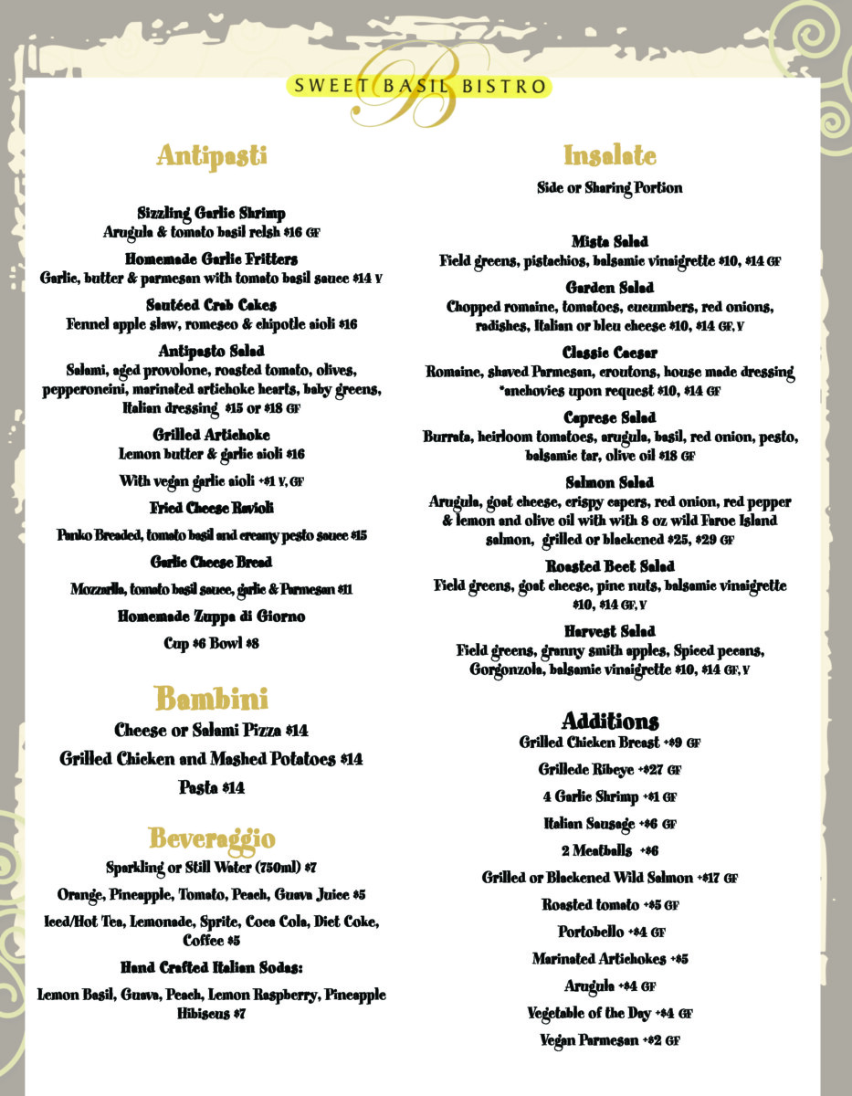 Dinner Menu - Sweet Basil Bistro